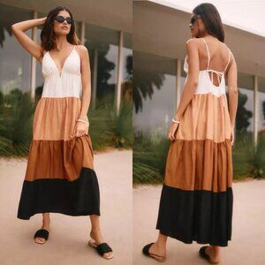 NWT Anthropologie The Raya Colorblock Maxi Dress XL Vacation Beach Brown